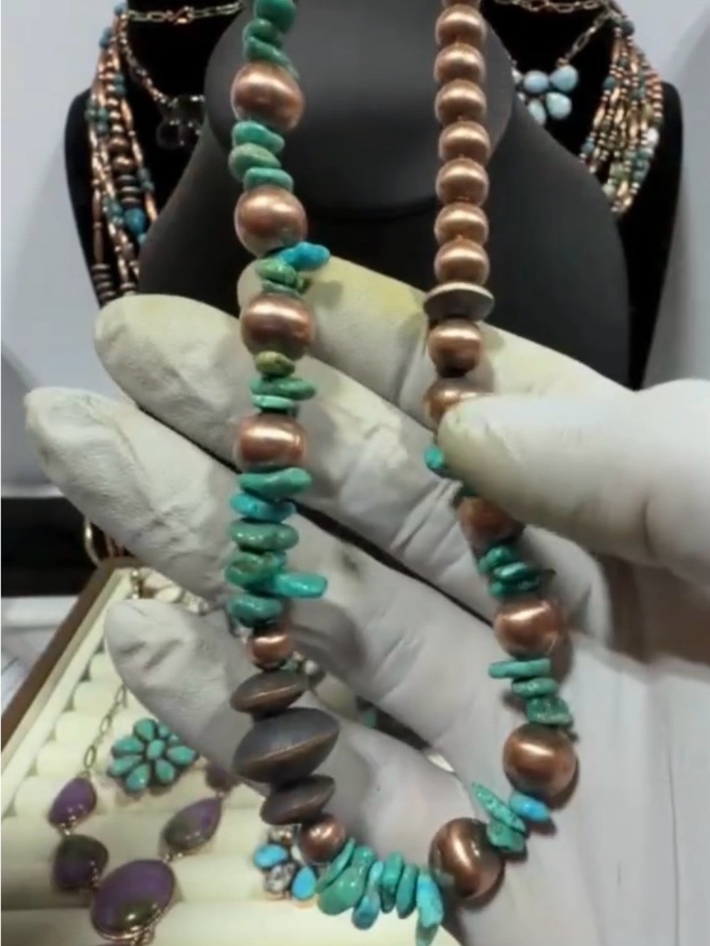 Handmade Turquoise Chip and pure Copper Bead Necklace choker unisex $190 retail